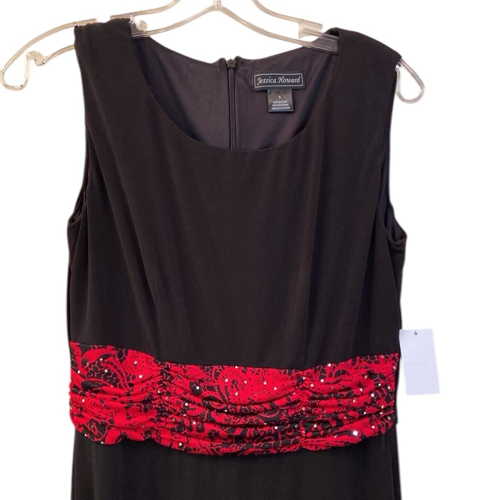 NWT Jessica Howard Dress Black Red Sequin Sash Cumber-Bun Sleeveless WM SZ 6
